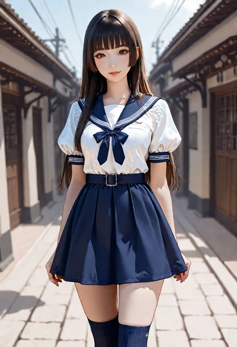 Best quality, high quality, masterpiece, high resolution, detailed, one girl, cute girl, twelve years old girl, skirt lift, white panties, brown hair, blue sailor skirt, sailor suit, black over knee socks, small breasts, show off nipple, good pupil, 4k