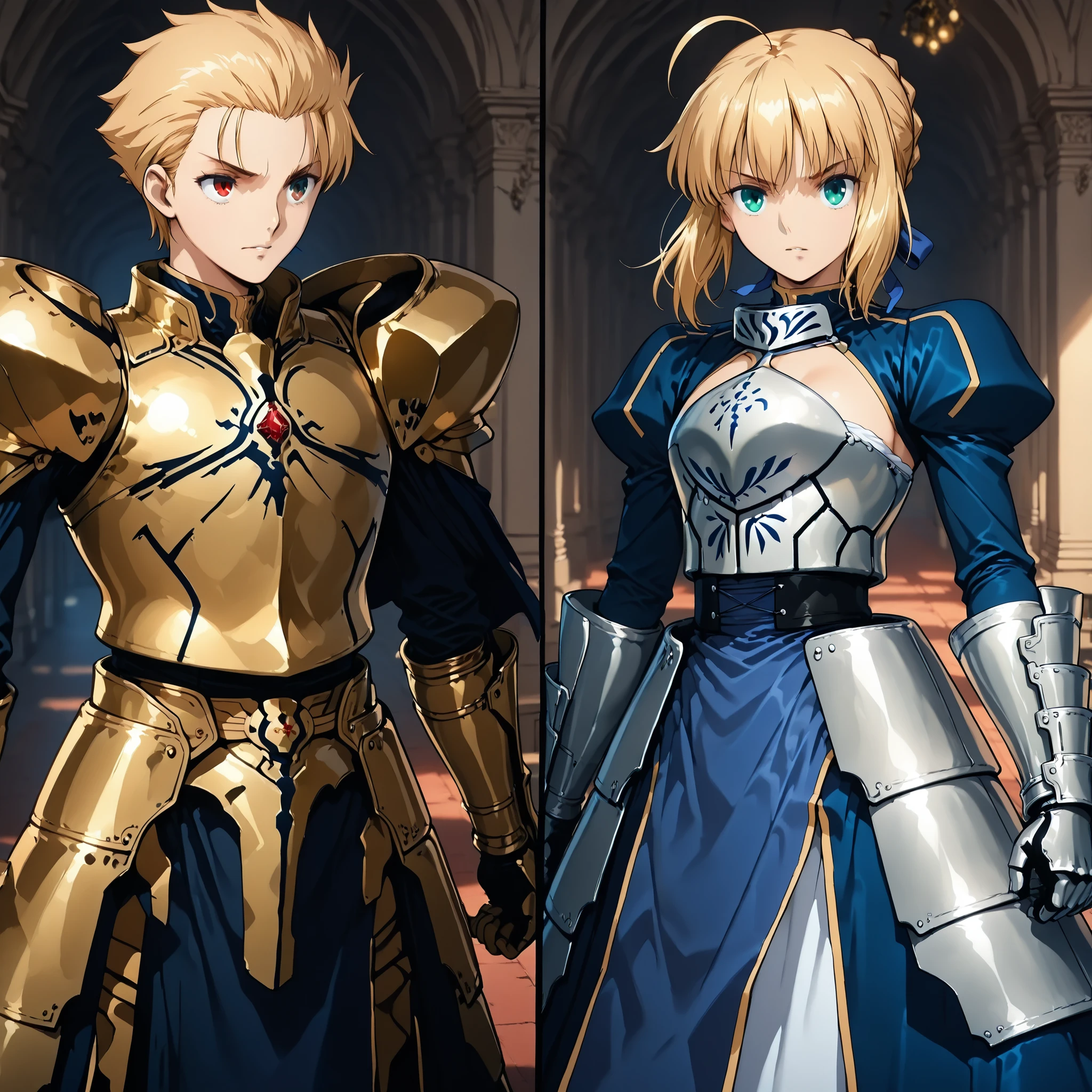 score_9, score_8_up, score_7_up, masterpiece, source_anime,(1girl,random situation, artoria pendragon (fate), saber (fate), turtleneck, blue dress, breastplate, armored dress, long sleeves, juliet sleeves, gauntlets, faulds, long dress,),break,(1boy is Gilgamesh _Fate Grand Order, slicked-back hair),1980’s anime style,detail eyes,iris,semi realistic ,( coronation ceremony