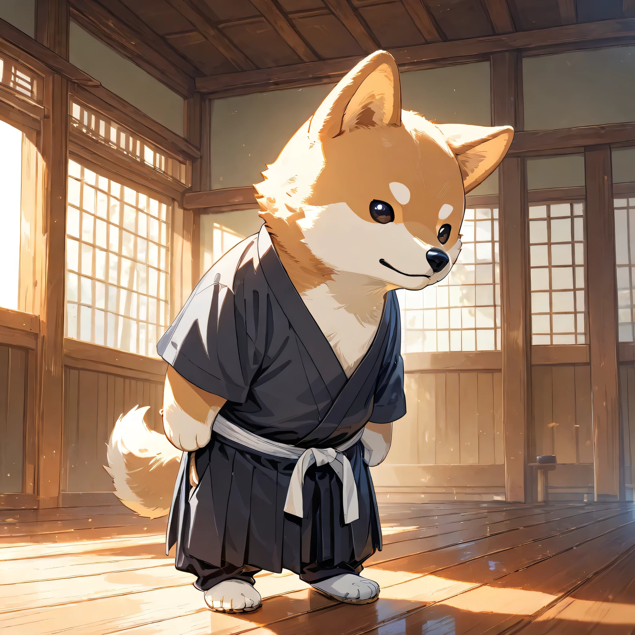 (masterpiece, best quality, ultra-detailed), a cute stylized anthropomorphic semi-human Shiba Inu with a rounded face, small black puppy-like eyes, short light brown fur with white markings, and symmetrical forward-facing ears, is standing alone inside a traditional wooden dojo. He is wearing a clean white keikogi and a deep navy hakama with subtle floral patterns. He is performing a formal kendo bow (standing bow) toward the dojo interior: his heels are together, feet angled outward, and his upper body is bent precisely 15 degrees forward from the waist, while his eyes remain directed straight ahead. His expression is calm and deeply focused, showing sincere discipline and respect. In his left hand, he gently holds a straight bamboo shinai with a clearly defined tsuka, resting upright against his side. Soft midday light filters through the shoji windows, casting gentle shadows on the polished wooden floor.