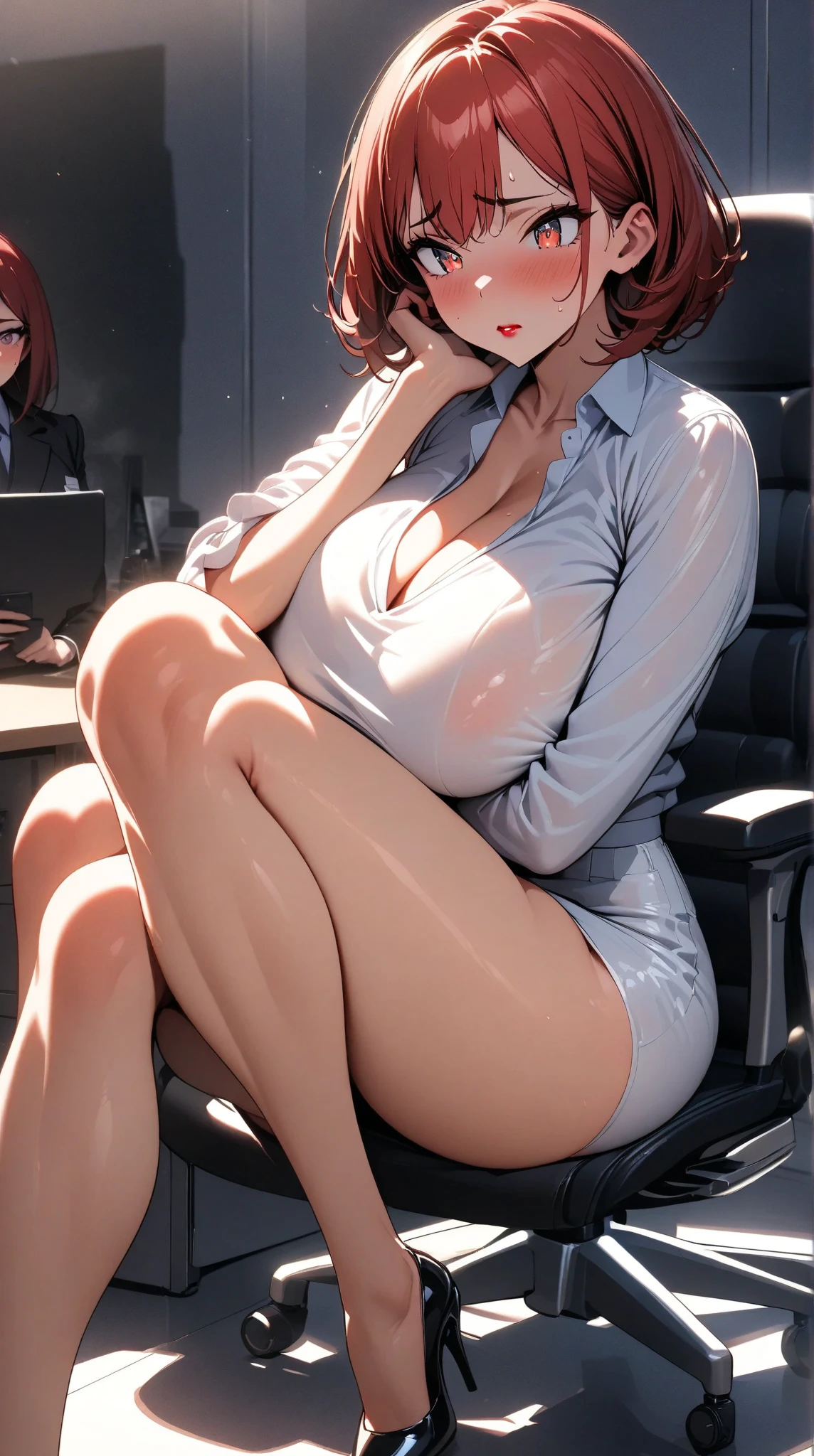 8k, beautiful eyes, beautiful body, Good anatomy, young girl, brown hair with yellow strands, blue eyes, full body view, 1-girl, Extremely detailed, bangs, short hair, breasts, barefoot, looking_at_viewer, sexually suggestive, nude,naked, sitting, crossed, ((nsfw)), pouty, sexy poses, ((soles, beautiful feet, toes)), ((very sexy girl)), ((sexy body)), ((luscious feet)).