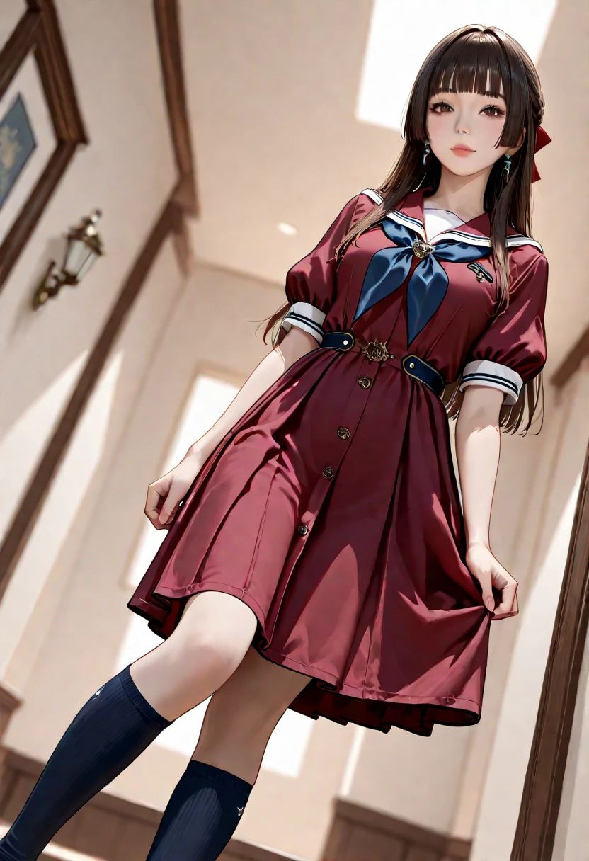 ( very detailed depiction, clear depiction, masterpiece, high resolution, high degree of perfection, perfect anatomy), 1 girl, cute face, smile, detailed face, slender body, beautiful legs, semi-long hair,( red eyes, sparkling eyes), beautiful nose, ( high school girl uniform, No panties),( spread regs:1.4), outdoors, ( pussy focus:1.2),