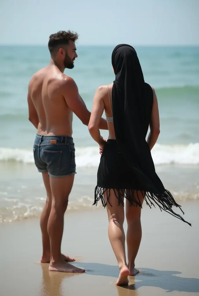 black headscarf, black skirt, white t-shirt, 2 barefoot women, Stuck between two crowd on the beach, trying to escape