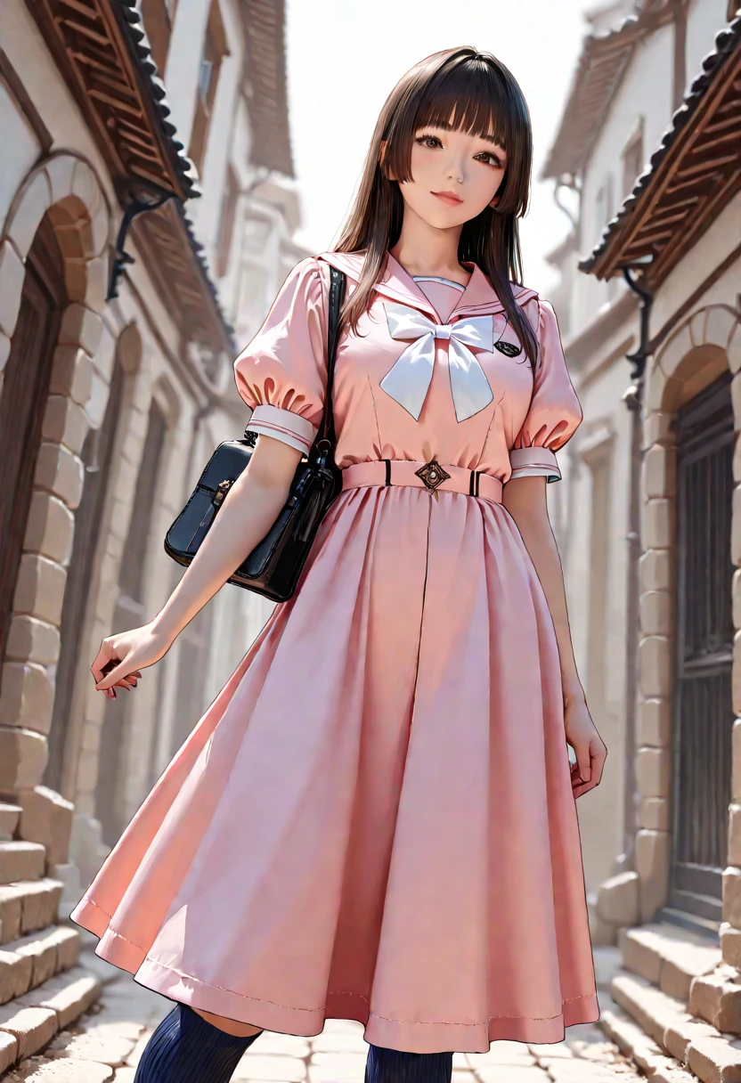 The scenery is a street lined with clothes stores. Meanwhile, a young girl is standing. She wears a red Fred Perry A-line dress. The dress is flipping in the wind. On her feet, she wears black Converse sneakers. Her hair is bob-cut and flutters in the wind. The girl is looking around with a curious expression and seems to be preparing for a new adventure. With details that are exquisitely reproduced down to the smallest detail, please express her expression and even the texture of the fabric of the clothes. In the highest quality, draw a full-length picture of her as a fashionable, fashion snap model.