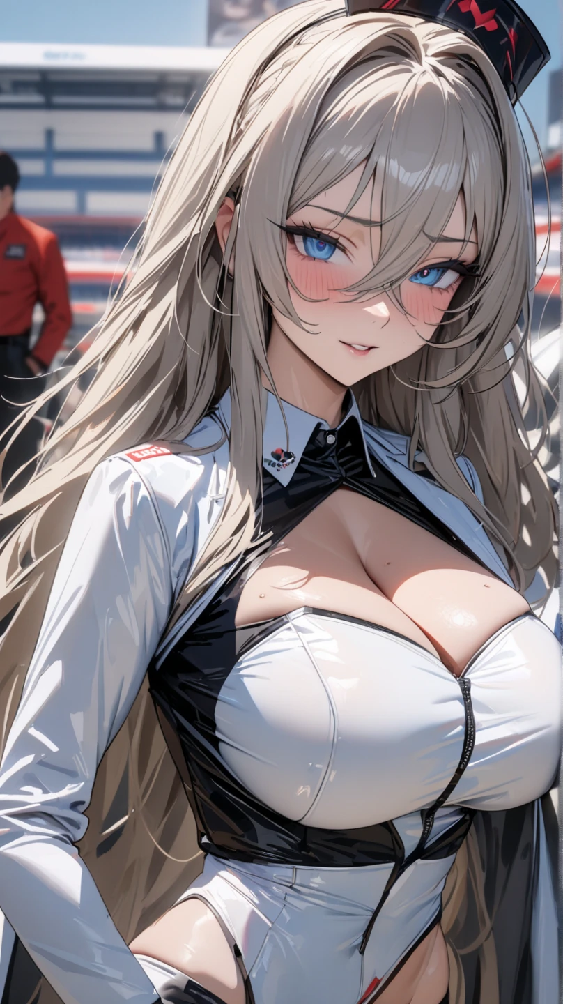 (masterpiece:1.2, highest quality), (realistic, photorealistic:1.4), beautiful illustrations,
looking at the viewer, whole body, Front view:0.6,
1 female, 27 only, Japanese, ((Silver-haired semi-long:1.5)), bangs, hair between eyes, ((height: 172cm, big breasts:1.6, thin waist))
beautiful hair, beautiful face, beautiful and detailed eyes, (green eyes:1.3), beautiful clavicle, beautiful body, beautiful breasts, beautiful thighs, beautiful feet, beautiful fingers, perfect anatomy:1.3, perfect anatomy
(Circuit field)
((racing suit:1.9, choker:1.6))
((Grasp the hem of the skirt with your right hand, Put your left hand on your chest, open your legs:1.3)),
(Look at the viewer while blushing:1.3)