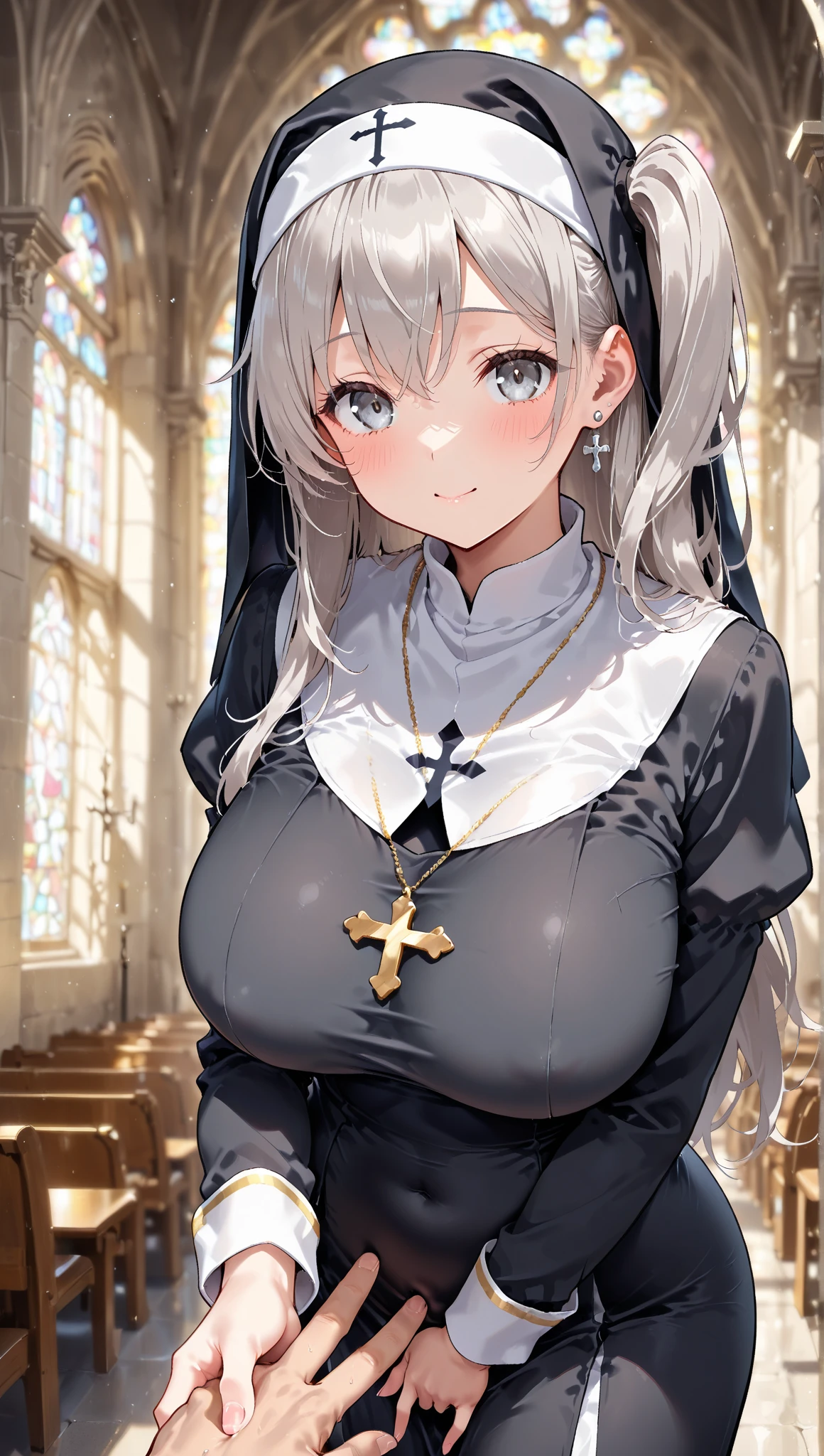 (masterpiece: 1.3), (Maximum resolution: 1.2), (Ultra High Definition TV: 1.2), Cinematic Light, 8K resolution, Detailed facial features , (Sharp focus: 1.2), (Focus on the face:1.2),Perfect Style, Beautiful Face, Acura, Anatomically correct, Highly detailed face and skin texture, Beautiful Eyes,Beautiful Eyes, Thin eyebrows, Glitter Eyeliner: 1 Natural Cheeks, Glowing Skin, Fair skin: 1.2, (Glossy Lips: 1.4),、 (Embarrassed look: 1.2),Highly detailed face and skin texture, Natural Cheeks, , Glossy Lips: 1.4,Perfect Style、Cleavage、Soft Breasts、(Semen on chest:1.4)(Cum on thighs 1.2)、 Overflowing sperm、Dripping Semen、Drenched in sweat、Wet clothes、blush、A humiliating look、Anxious expression、Frightened expression、Embarrassed look、anger、sorrow、tears、Open your knees、Spread your legs、 White underwear、necklace、Disheveled clothes、White panties、sweating、Thin underwear、stockings、29-year-old、 clear, Mature Woman,1 person、 Upward-facing chest, church、Stained glass、Black Hair、blonde、Silver Hair、Blue-gray eyes、Greenish-gray eyes,(Nuns'clothing:1.6)、Shortcuts、Full body portrait、