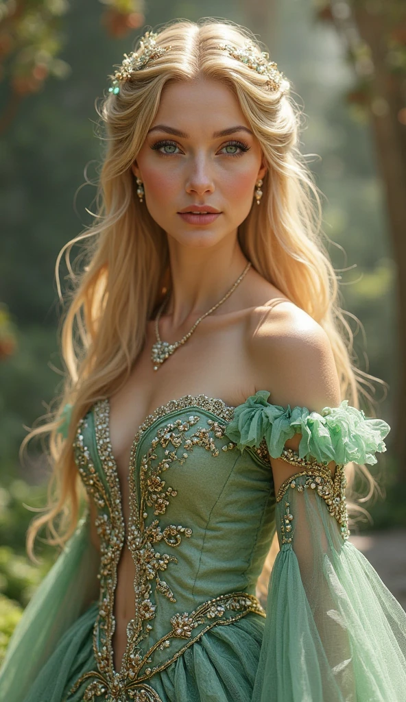 1 mermaid(Slim fishtail、Painting the whole body while standing)、独奏,vivid green eyes, Delicate glowing skin, Lush breasts, blond long hair, Gold Belt Chain,Decorating shells,higly detailed,Cinematic color scheme,extra high resolution,sharp-focus,tmasterpiece,HDR,8K,(Очень детализированный's CG унифицирован 8k обои)
