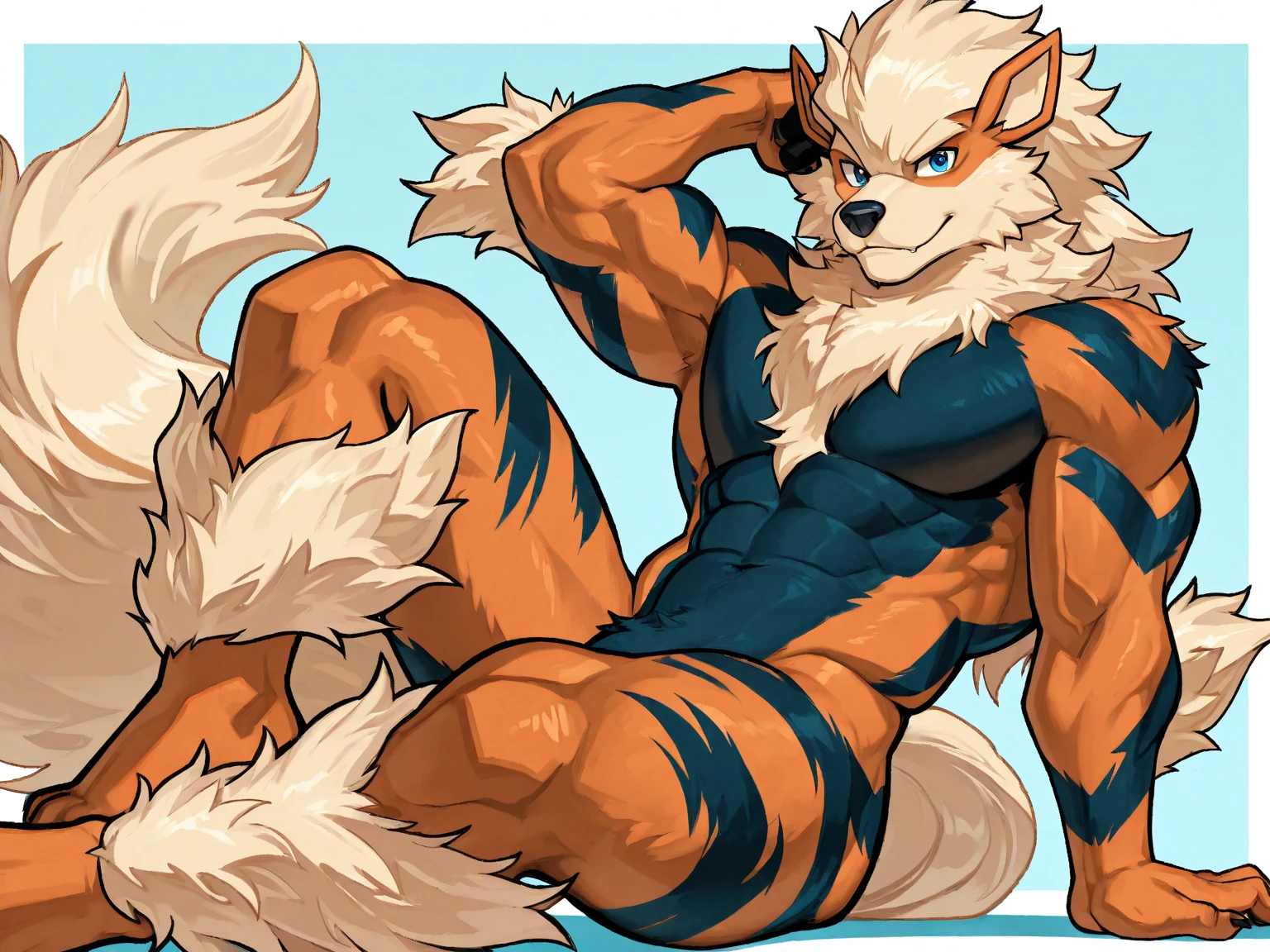 anthro Arcanine, (arms behind head, hands behind head:1.1), armpits, 4k, high resolution, best quality, posted on e621, (solo:1.2), anthro body, male, (mane:1.1), adult, masculine, (very muscular, heavyweight:1.2), correct anatomy, (watercolor background:1.2), (by wfa:1.2), (by chunie, by Taran Fiddler:0.8), (detailed eyes:1.2), sexy, (cel shaded:1.2), cartoony shading, (watercolors:1.0), (speedos, bulge:1.1), (looking at viewer:1.2), bright eyes, (black stomach, black chest:1.3), front view, strong, confident, proud, black nipples