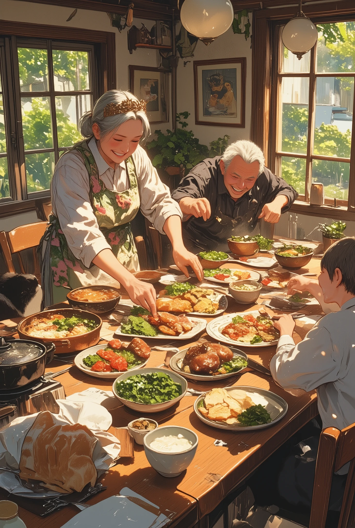 a heartwarming cinematic scene of an elderly king and queen sitting together on a large garden bench, surrounded by a group of cheerful grandchildren of various ages, all laughing and smiling

the old man wears a slightly oversized royal crown and a cozy cardigan over his royal robe, while the elderly woman wears a simple tiara with a floral shawl, both beaming with joy and wrinkled smiles

the ren hug them, sit on their laps, show them drawings and playfully pull at their capes, creating a warm, lively atmosphere

set in a sunlit backyard or park with soft grass, scattered toys, and a homemade picnic setup, with warm golden-hour lighting and soft shadows

the scene blends light fantasy with wholesome reality, ultra-detailed digital illustration, gentle colors, soft textures, trending on ArtStation, best quality, aidmamj6.1