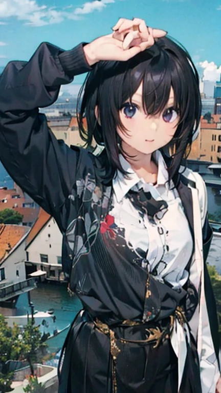 4K, (work of art), highest quallity, 2d, ((rebeld girl)), (teenage anime school girl), (shirt unbuttoned), Punk Girl, sitting sloppily, short hair with long bangs, heterochromatic eyes, ssmile, full height, clean eyes, black eyelash, (intrincado detalhado), dramatic, makoto shinkai,