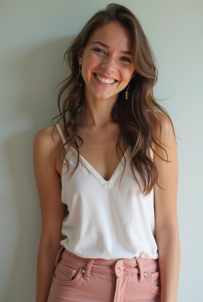 14 year old brunette , Linda, face perfect, gorgeous face, beautiful smile, with tank top, with red background