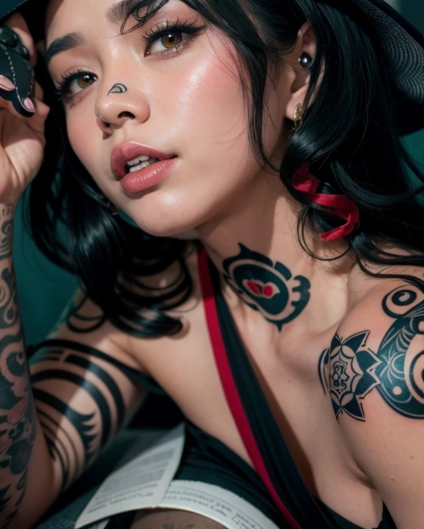 stylized artwork of soft filter. grunge filter. photorealistic. 8k. cinematic, very high resolution. maximum resolution. ultra realistic. unique beautiful face, realistic face, retro grunge photo ascetic. grunge japanese temple wall graffiti., full-body-tattooed. rainbow hair. teen cute sexy asian girl, in marijuana plants buds crop, skimpy lingerie. sunset