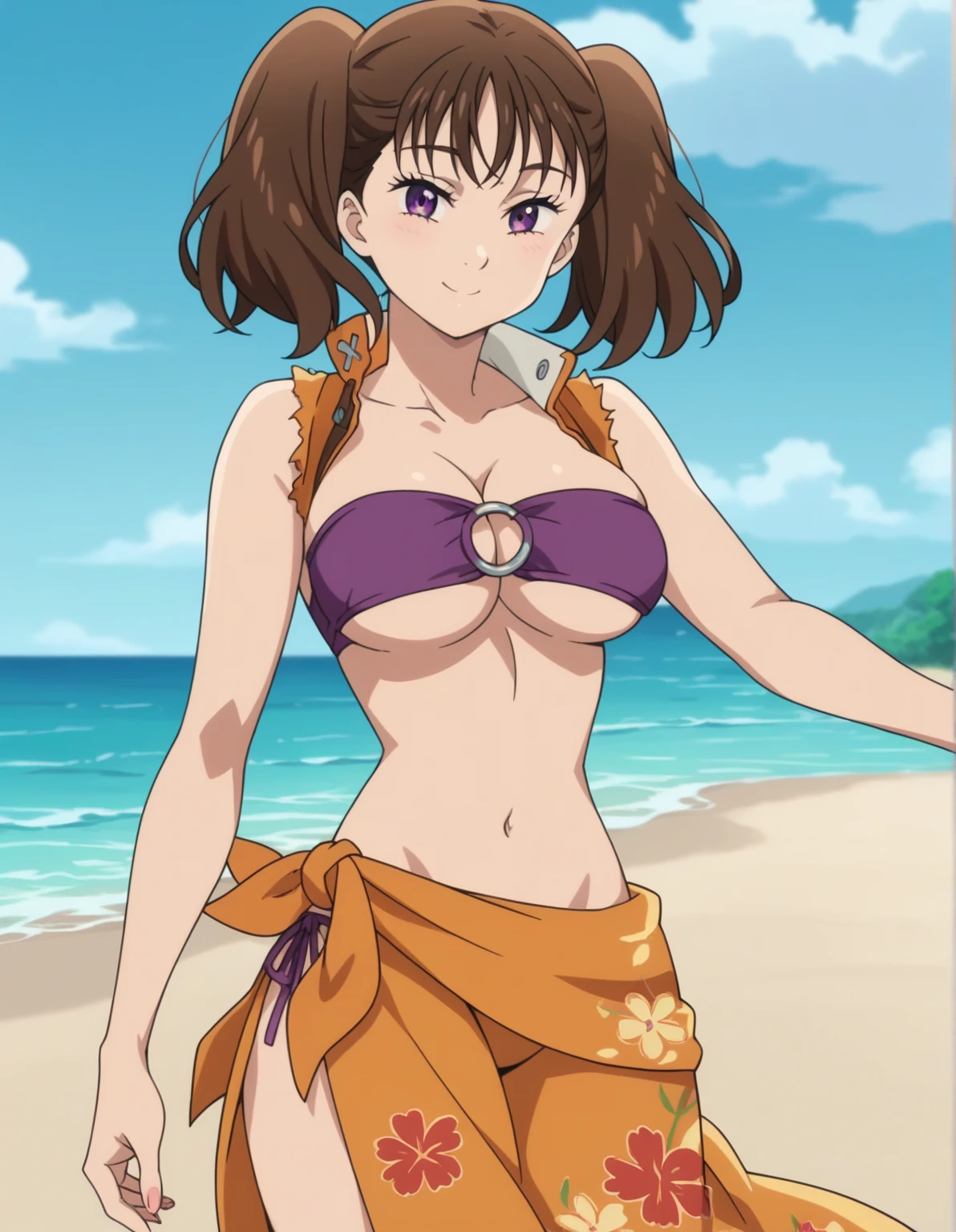 1 girl, (solo), ((amanogawaki)), best quality, highres, high quality, 8k, HD, super detail, ((anatomically correct)), UHD, accurate, (masterpiece:1.0), (high quality:1.0), (ultra detailed), ((Adult:1.2)), Looking at viewer, (Beach Background), Bikini, ((tsurime)), smirk
