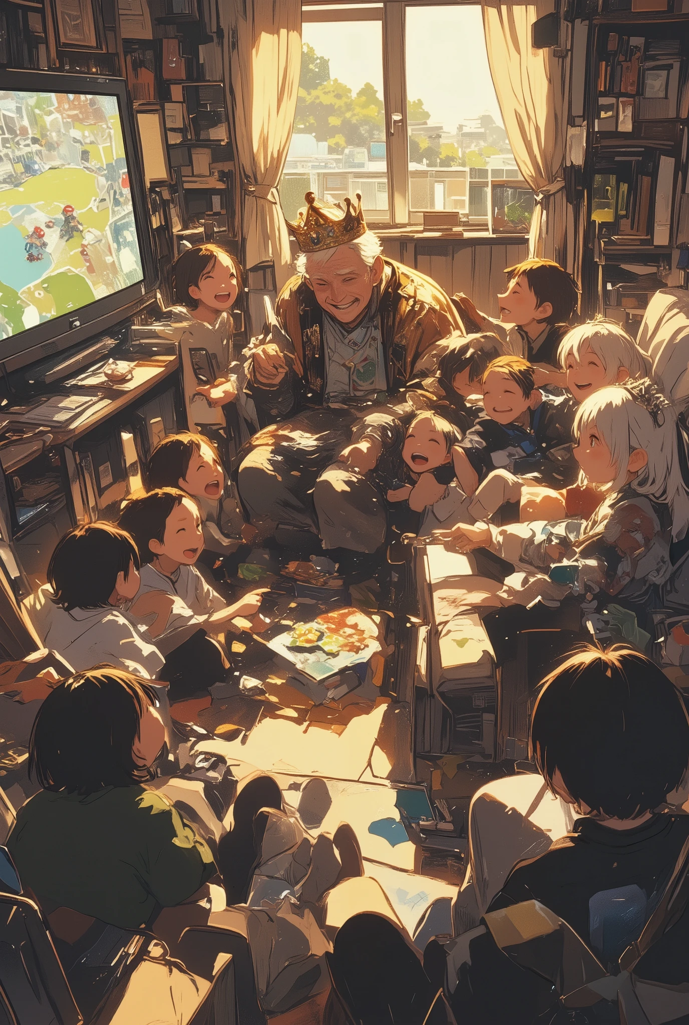 a heartwarming cinematic scene of an elderly king and queen sitting together on a large garden bench, surrounded by a group of cheerful grandchildren of various ages, all laughing and smiling

the old man wears a slightly oversized royal crown and a cozy cardigan over his royal robe, while the elderly woman wears a simple tiara with a floral shawl, both beaming with joy and wrinkled smiles

the ren hug them, sit on their laps, show them drawings and playfully pull at their capes, creating a warm, lively atmosphere

set in a sunlit backyard or park with soft grass, scattered toys, and a homemade picnic setup, with warm golden-hour lighting and soft shadows

the scene blends light fantasy with wholesome reality, ultra-detailed digital illustration, gentle colors, soft textures, trending on ArtStation, best quality, aidmamj6.1