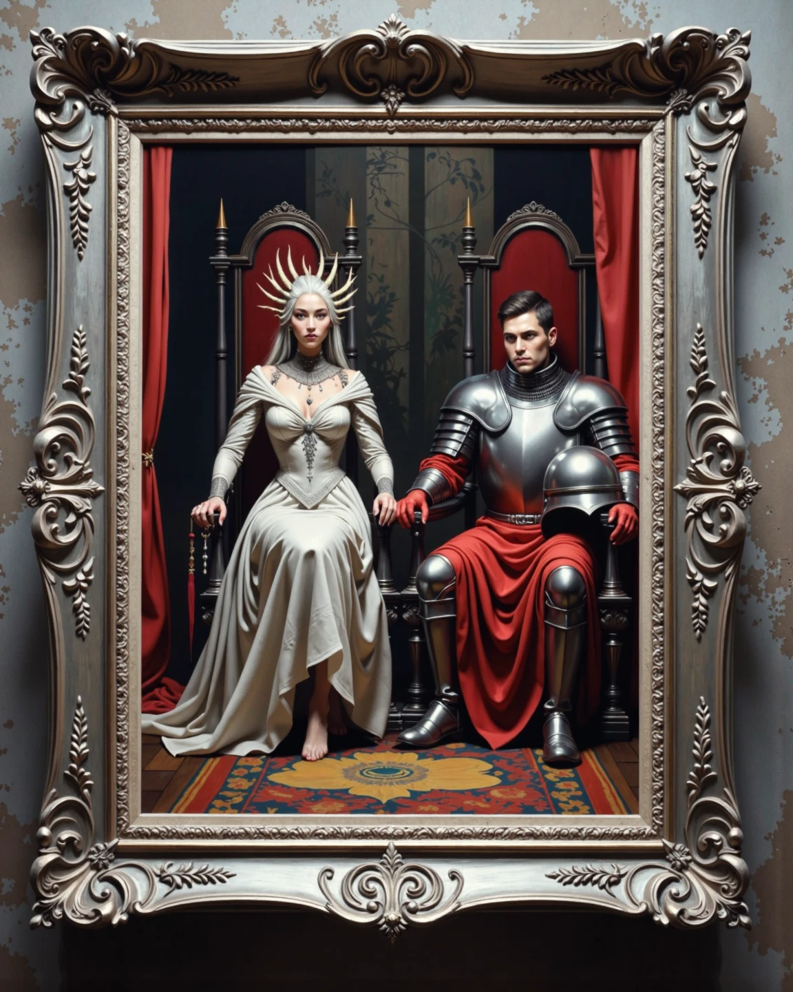 painting of a couple of people sitting on a throne with a large axe, mark brooks frank frazetta, tyler edlin fantasy art, by Tim Hildebrandt, by Johannes Helgeson, female viking, by Greg Hildebrandt, adrian smith fantasy art, norse goddess, by Tim and Greg Hildebrandt, barbarian, michael whelan and karol bak, by Daniel Ljunggren