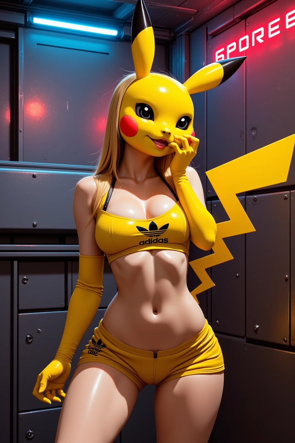 attract notice, Very realistic photo of a woman dressed as Pikachu from Pokemon, Vibrant expression of costume and electric background.
