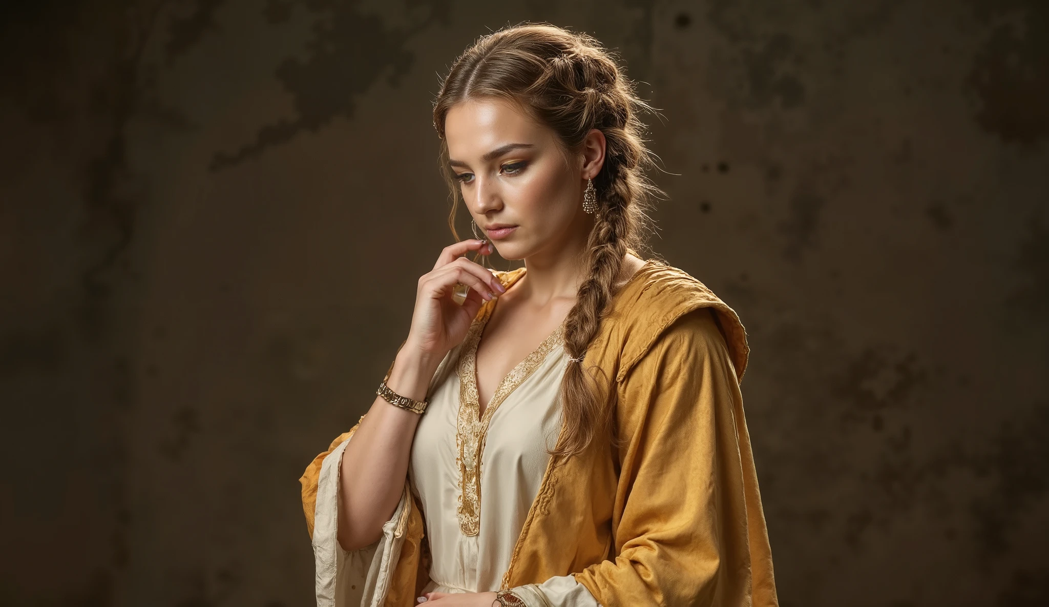 A regal young woman inspired by Hellenistic royalty stands in soft dramatic light, wearing layered golden and white silk robes adorned with fine embroidery. Her gaze is serene but commanding, posture upright, with one hand on her chest as if in deep reflection. Her hair is arranged in intricate Greco-Roman braids, and her face expresses inner wisdom. Realistic photo, cinematic lighting, -ar 16:9