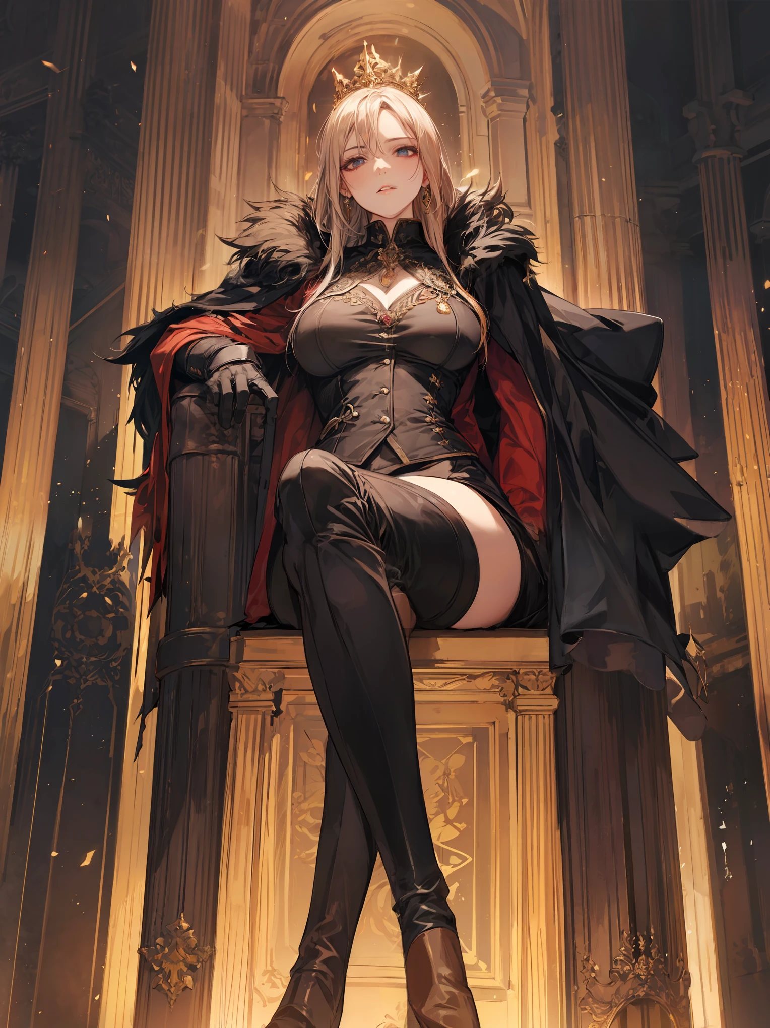 full body,1girl, solo, blonde hair, blue eyes, long hair, open mouth, mask, one eye covered, eye shadow, makeup, collarbone, black mask, looking at viewer, bare shoulders,realistic,(shiny skin), signora \(genshin impact\), black mask, eye mask, one eye covered, fur trim, mature female, gloves, fur-trimmed coat,