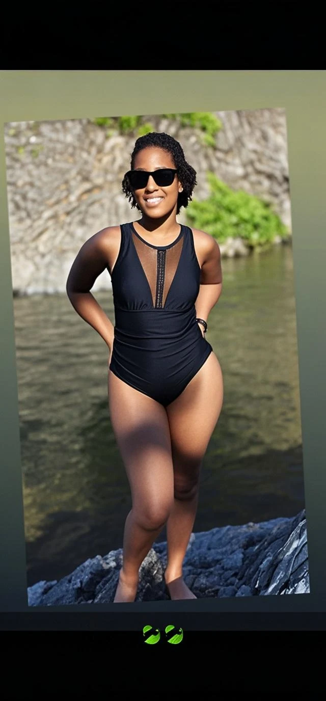 chubby elegant black woman, woman Wearing red bikini, in pool,Wet body, wet hair, smile, smile, smile 100%,2 4 year old female model, blonde,Short cut mid body shot, casual pose, violet myers, Wearing a top and black pantyhose, wearing a white T-shirt, instagram template