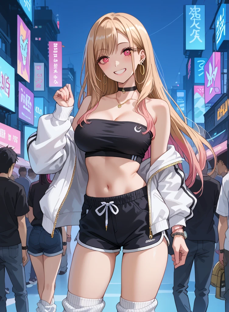 巨作, Best Quality, 1girl, 独奏, teen, Chinatown, blonde hair, long hair, purple eyes, Parted side explosions, Short bangs, smile, medium breasts, sports bra, buruma, outdoors, track & field, Arrogant.