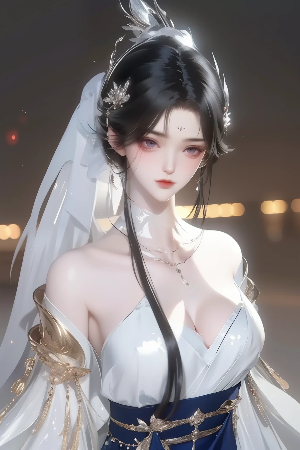 <lora:yjwjGQHxiangxueshuilan_20230727214725:0.75>,1girl,mature female, hat,dress,see-through, cityscape, night, looking at viewer, veil,hair ornament, chinese clothes, jewelry, trim,