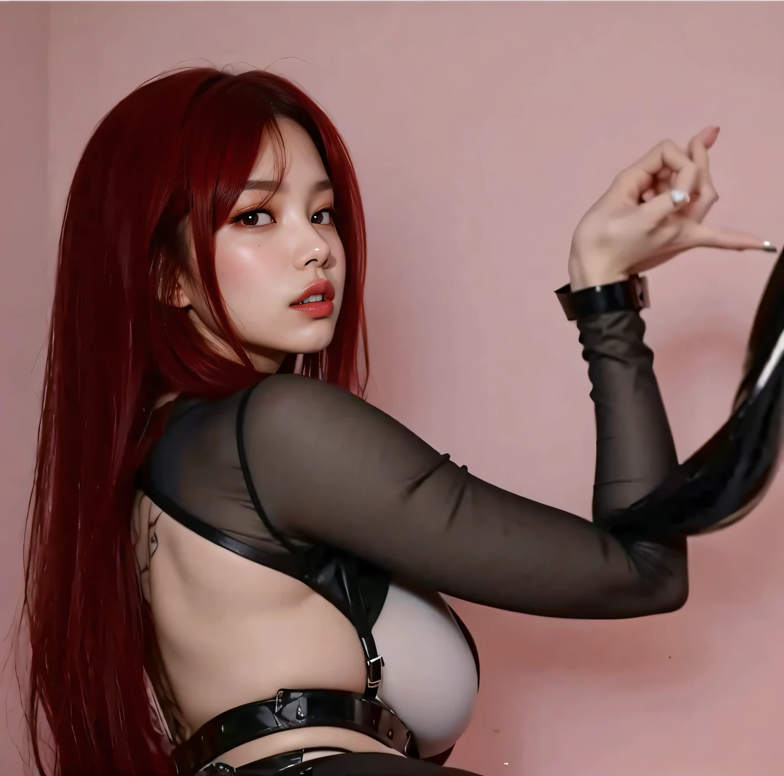 A with red hair with bangs and yellow eyes, naked in a sexy black bunny outfit with condoms full of sperm in her mouth and showing her ass and open pussy full of cum.