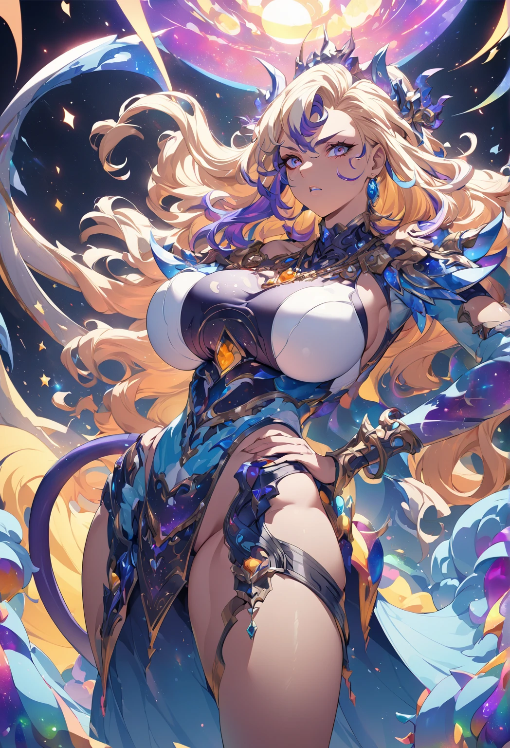 Young  woman,Riding a giant cat,(Highest quality,Extremely detailed depiction,Incredibly absurd high resolution,Anatomically accurate depiction,Nice hands, Perfect Fingers,Curvy Legs),(Glowing Skin,Shiny skin),A fantastic goddess in a gorgeous costume,There is cleavage in the chest,Glossy Lips,Sweat,background:Mysterious sight,Fantasy