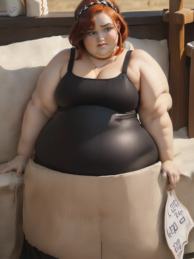 masterpiece, best quality, highres, hyperrealistic, realistic, lush forest, detailed, detailed hands, detailed face, detalied feet, detailed eyes, 1girl, blonde hair,ponytail, blue eyes, wide hips, thick thighs, fat thighs, fat hips, fat, fat blob, fat arms, obese, Ssbbw, ussbbw, morbidly obese, looking at viewer, light smile, overhanging belly, feminine, sensual