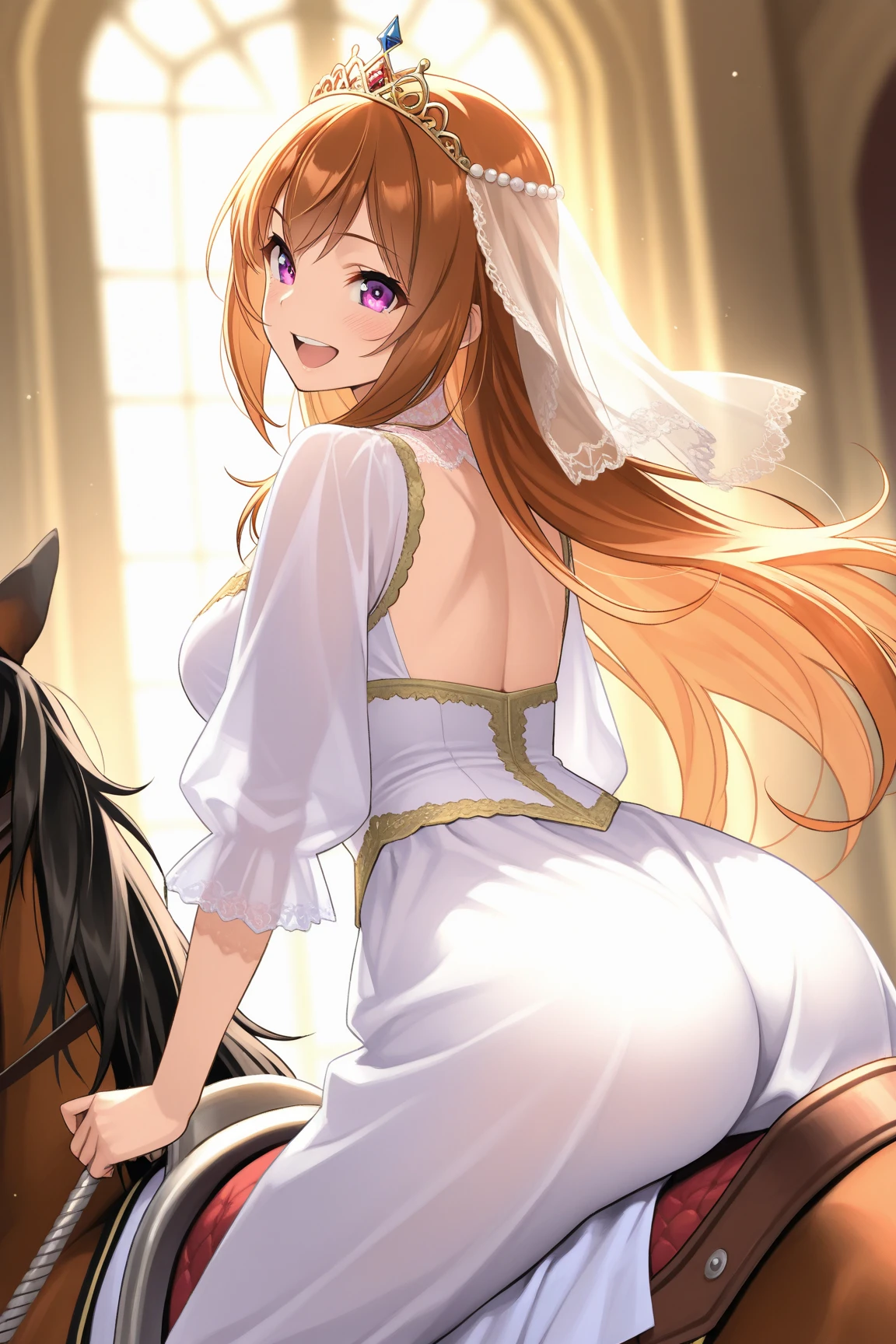 Centaur, long hair, blonde hair, blue eyes, cleavage, wedding dress, bedroom, looking at viewer, happy,