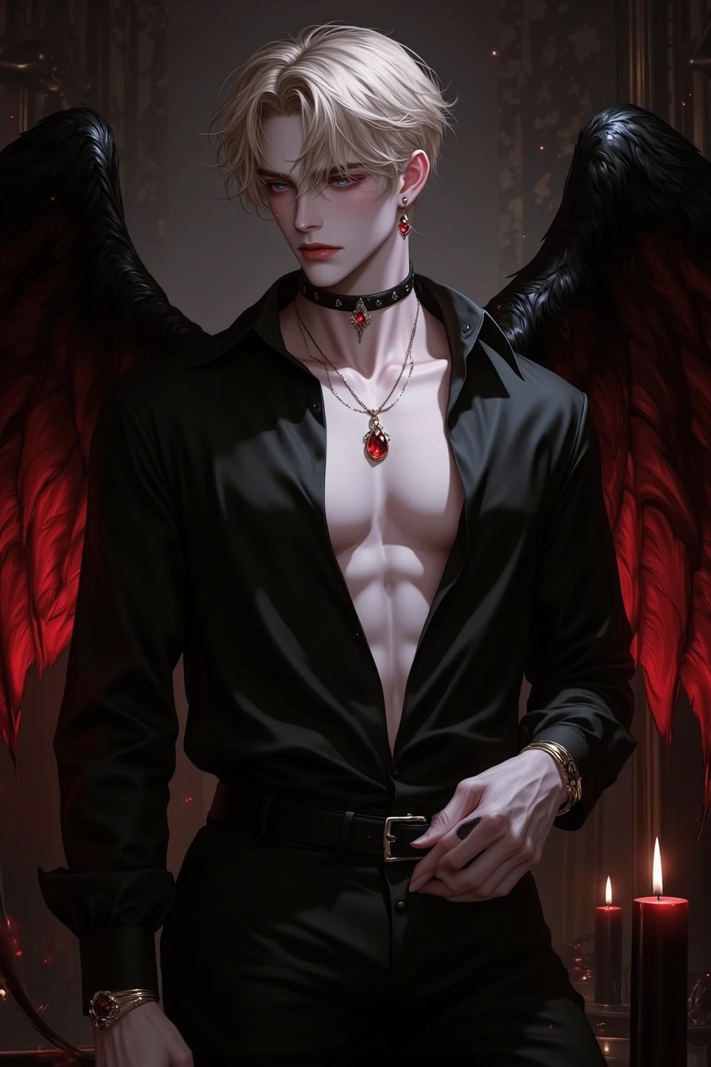 ((Best quality)), ((masterpiece)), 8k (detailed), ((perfect face)), ((halfbody)) perfect proporcions, he is a handsome angel, he is 18 years old, he has long orange hair, he has angel wings, he is not wearing clothes, sexy pose, he is in a room with red curtains, ((perfect face)) ((gothic ambience)) halfbody