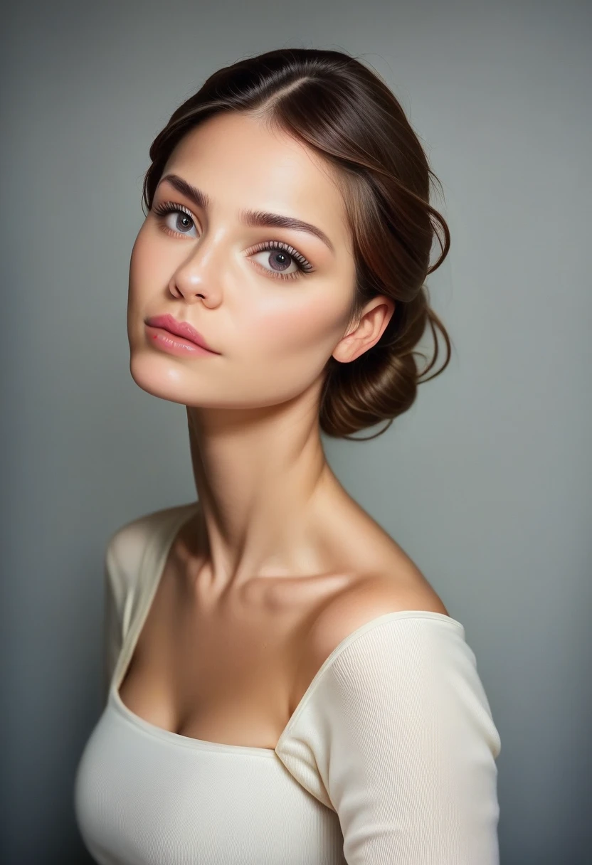 a stock beauty photo of a beautiful woman, white background, beauty photography, studio photo, portrait, hair in bun, 8k, highly detailed, photograph, commercial, realistic skin texture, Photorealistic, Ultra Detailed, 8k, DOF, 85mm prime lens, Canon EOS 5D Mark IV