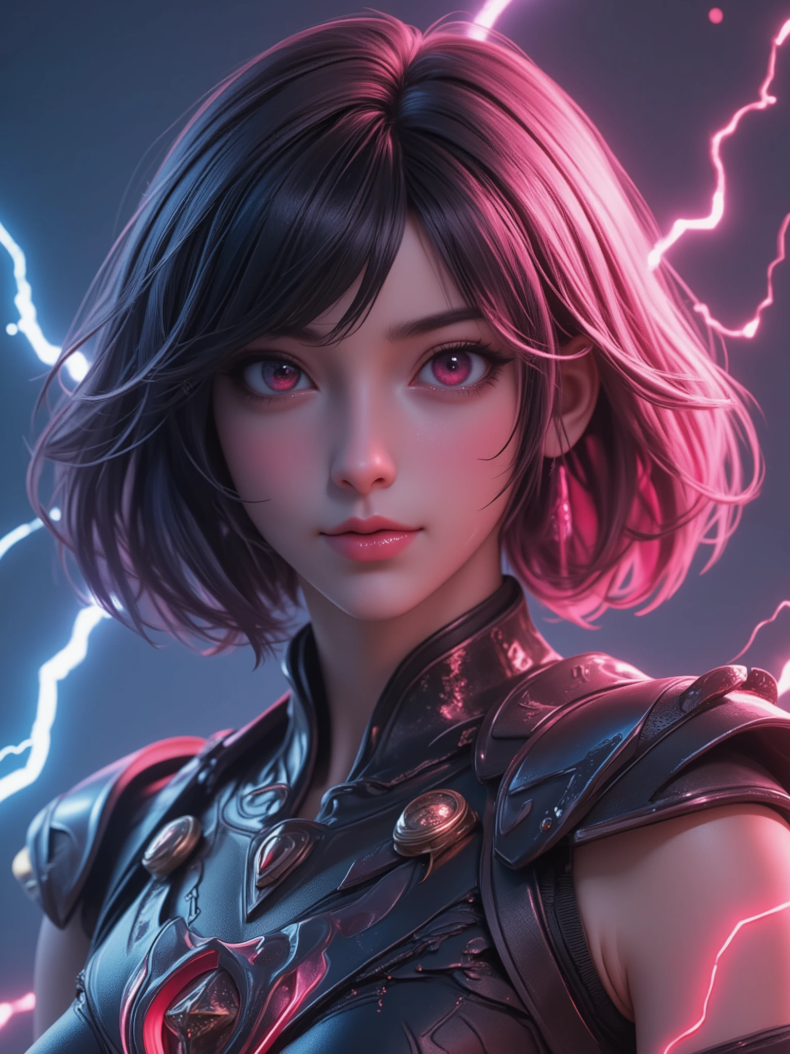  A very bright and extremely charming girl,  fuses modern and futuristic warrior elements,  A very bright and extremely charming lady with a mysterious ancient artifact embedded in her body, with exquisite battle armor, Brilliant ,  Stunning, girl, Black pink Bob Short Hair style color tone, Blood Lightning, ray tracing, Super Masterpiece, masterpiece, ultimate, top quality , super quality, irrational detail , best light, best shadow, sharp,  sharp image, details, extremely details, high resolution, 16k, 超high resolution, real rendering、 Lightning Particle Effects , beautiful effects, bright color , neon light, neon, light, close-up, Super Realistic Textured Faces and Skin, photorealistic, Original photo, Unconventional, dynamic motion:1.2, beautiful symmetrical face, Realistic 3D CGI 、Real Digital Art,  Ultra Realistic Faces:1.2, Diagonal view, skirt:1.2、Luxurious Outfits, From top to top, offensive posture