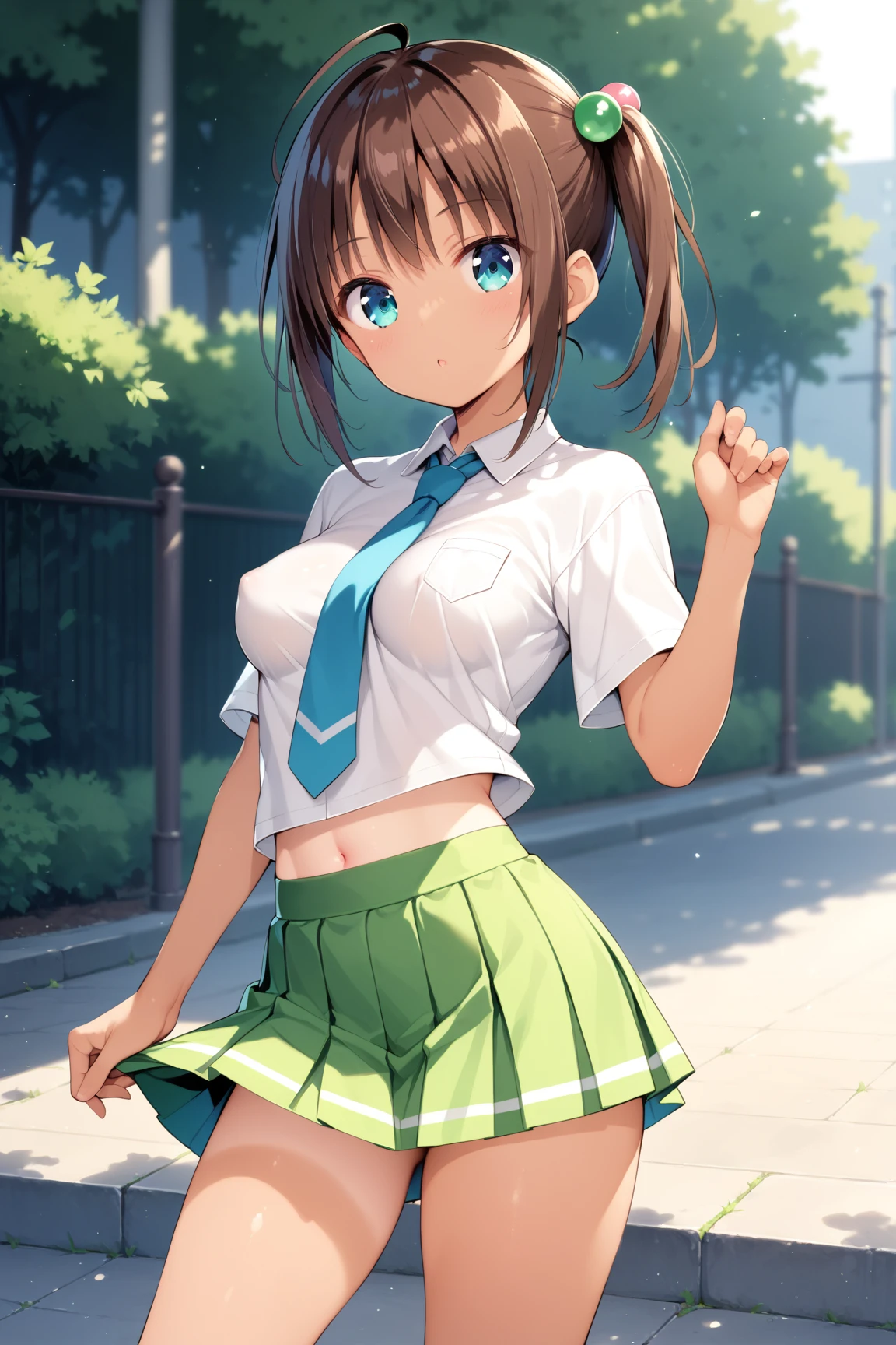 creates a 22-year-old anime girl sitting on the ground with her arms and hands touching her knees wearing a short green skirt and a low-cut white blouse with wide hips and large breasts in a park landscape