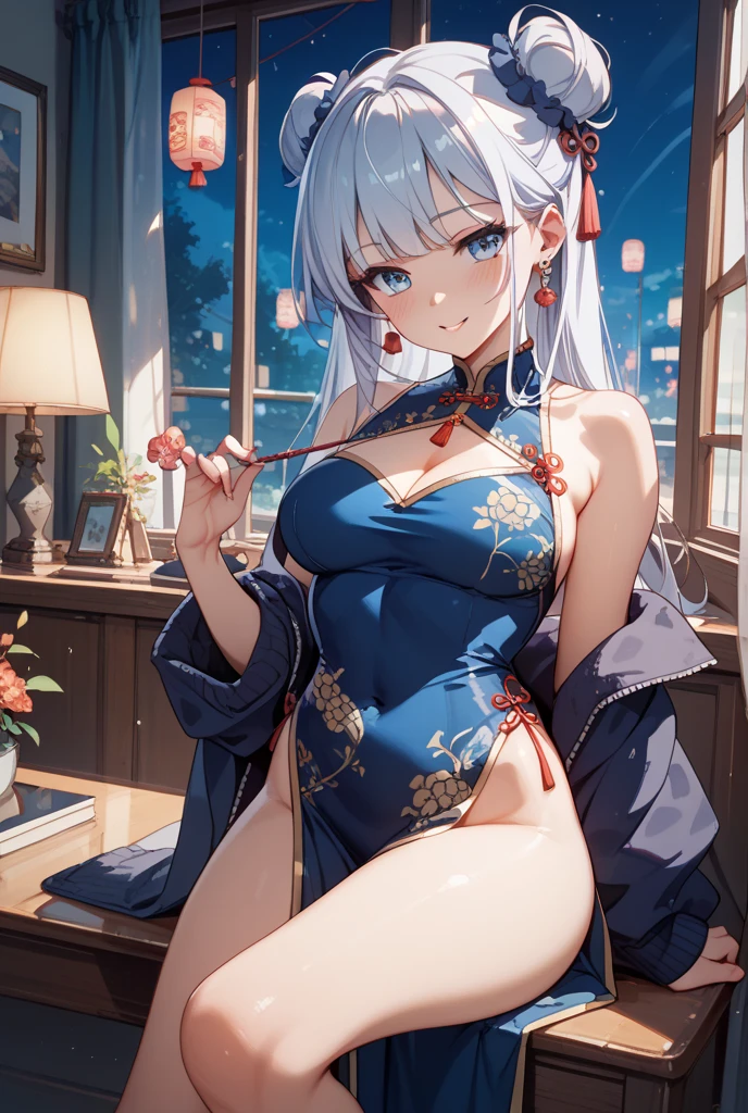 nsfw,(masterpiece,best quality,extremely detailed:1.4),perfect anatomy,1girl,japanese,,neatness,black double bun,bangs,blue droopy eyes,(red china dress,mini pelvic curtain),lift,barefoot,(without panties:1.5),lying on back,spread legs,(tiny,cleavage,nipslip,barebreasts:1.4),sit on bed,night,(from front),