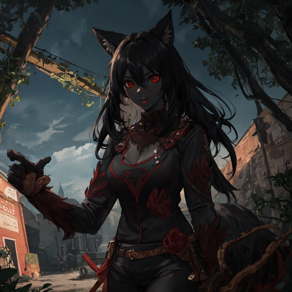 Brunette giant cat girl, without wearing shoes, Blood sticks to the black stockings, In the city, The girl's expression was a little low, The crotch is blocked by the tail,Sit in the middle of the city road,The stampede destroyed the city,looking down on the camera, Panicked masses, Cinematic lighting, Textured skin, Masterpiece, hyper HD, retinas, 8K,Blood style。