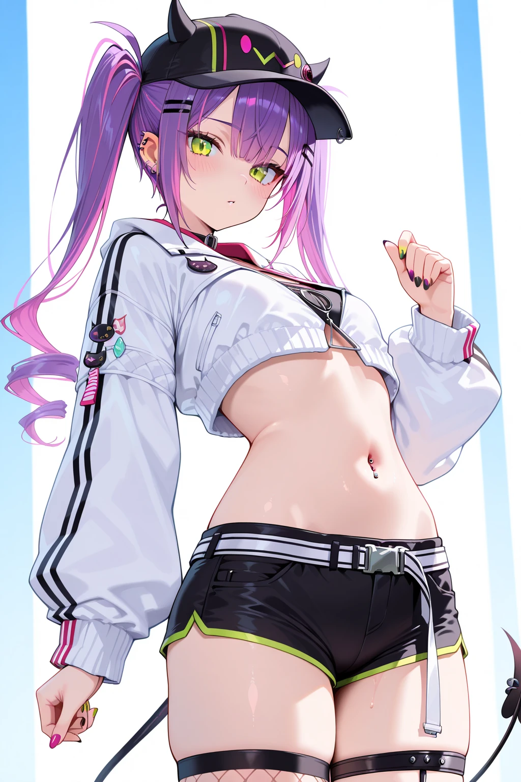 {hololive, tokoyami towa,purple hair, twintails, green eyes, long hair,demon tail}{whitejacket, black shorts, black cap,navel}, bottomless, masturbation