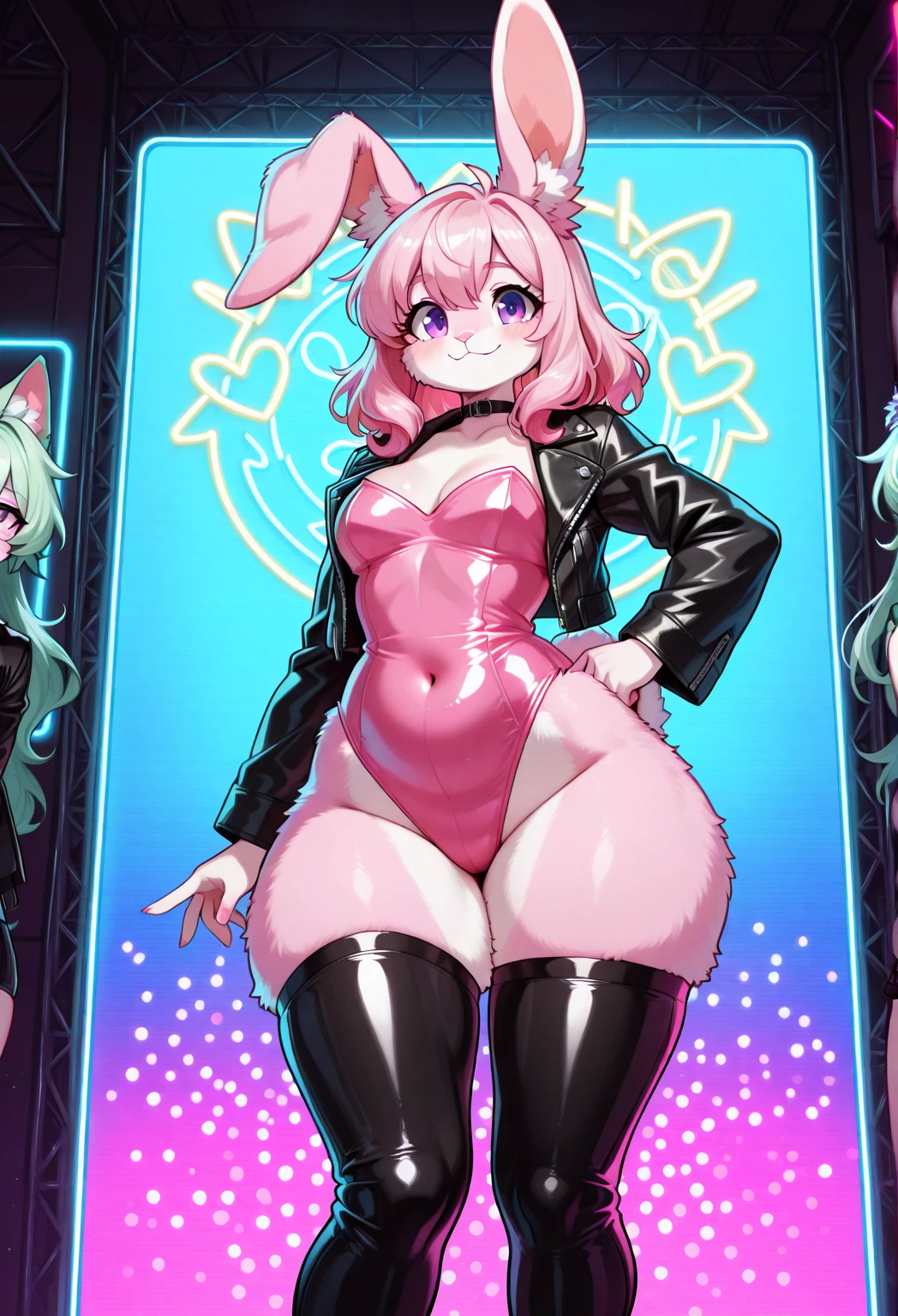 sonic the hedgehog (series),(evil amy rose),1girl, breasts, jewelry, choker, red_eyes, solo, evil_smile, huge_breasts, long_hair, cleavage, bracelet, thighhighs, looking_at_viewer, red_hair, black_choker, thighs, horns, shiny, earrings, gloves, collarbone, jacket, thick_thighs, black_legwear, shiny_skin, lipstick, makeup, thigh_boots, cowboy_shot, bodysuit, curvy, black_leotard, holding, leotard, covered_navel, elbow_gloves, lips, highleg, standing, red_background, wide_hips, simple_background, skin_tight, shiny_clothes, hoop_earrings, shiny_hair, eyelashes, long_sleeves, bangs, black_jacket, boots, open_clothes, thick_eyebrows, bangle, parted_lips, zipper, pale_skin, microphone, covered_, parted_bangs, skindentation, collar, ahoge, latex, demon_horns Satou Kuuki art, Satou Kuuki style, Satou Kuuki illustration