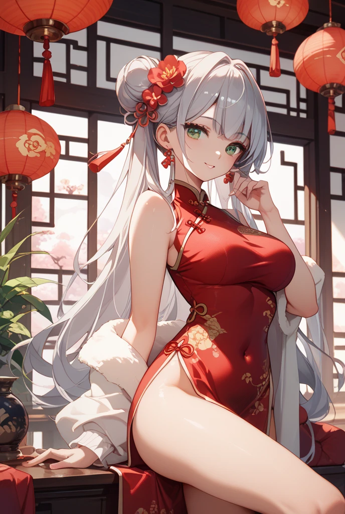 Animal ears, 25 years old, girl, skin tight Chinese dress with a delicate pattern, perfect ass