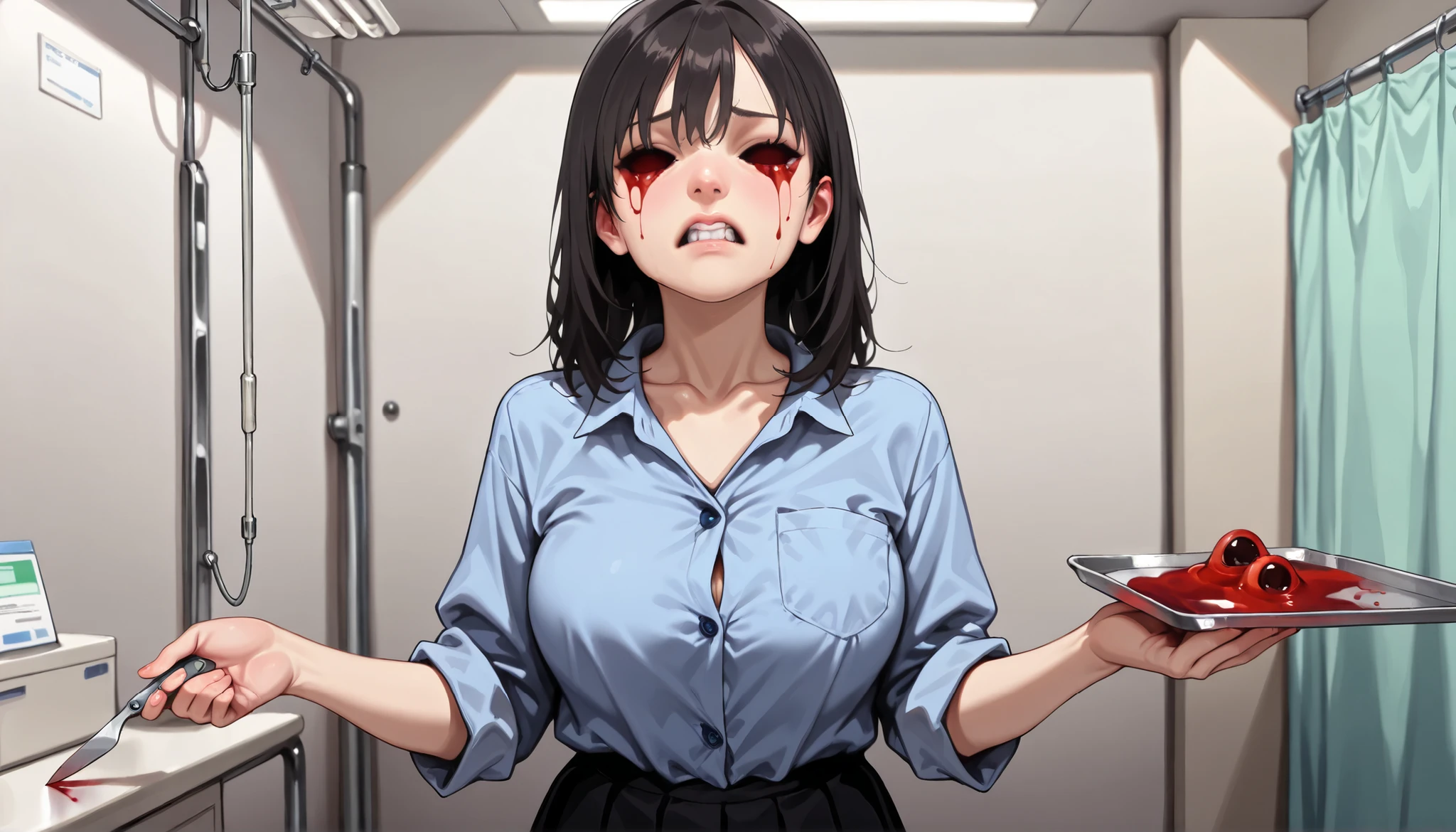 beautiful young blind female student dressed in shirt with rolled sleeves and dark skirt in the surgery room, solo, cute, big breasts, school uniform, ((blue button down shirt)), ((collarbone)), (chest pocket), short dark skirt, masterpiece, best quality, amazing quality, hyper-detailed, realistic, goo leaking from her eyes, bloody tears, hollow eyes, clenched teeth, half closed eyes, holding bloody scalpel in hand, ((two small pale red bloody eyeballs on the tray))