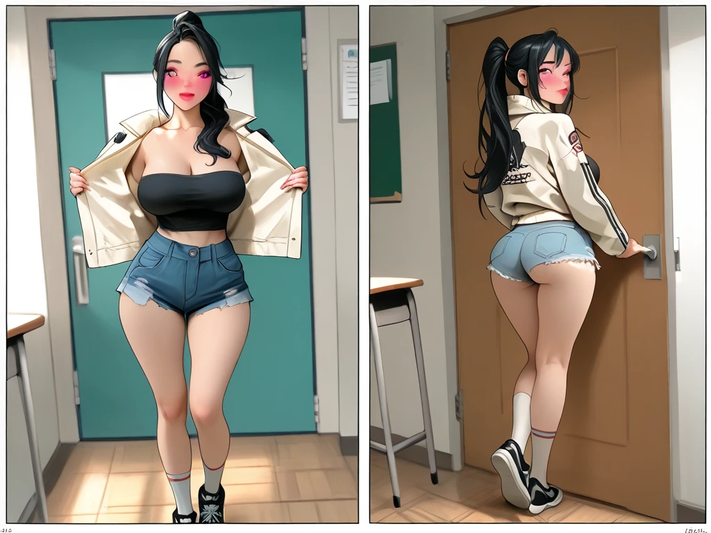 A sexy group of lolita girls are standing inside the classroom during the lesson while the teacher is at the blackboard, wearing tight jeans, stockings with hooks, high heels, still lifes, knee high boots, Chokers, vivid lipsticks and eyeliners and hard makeup, touching, only women in the photo, full body shot, (((take from behind))), (((fat ass)))