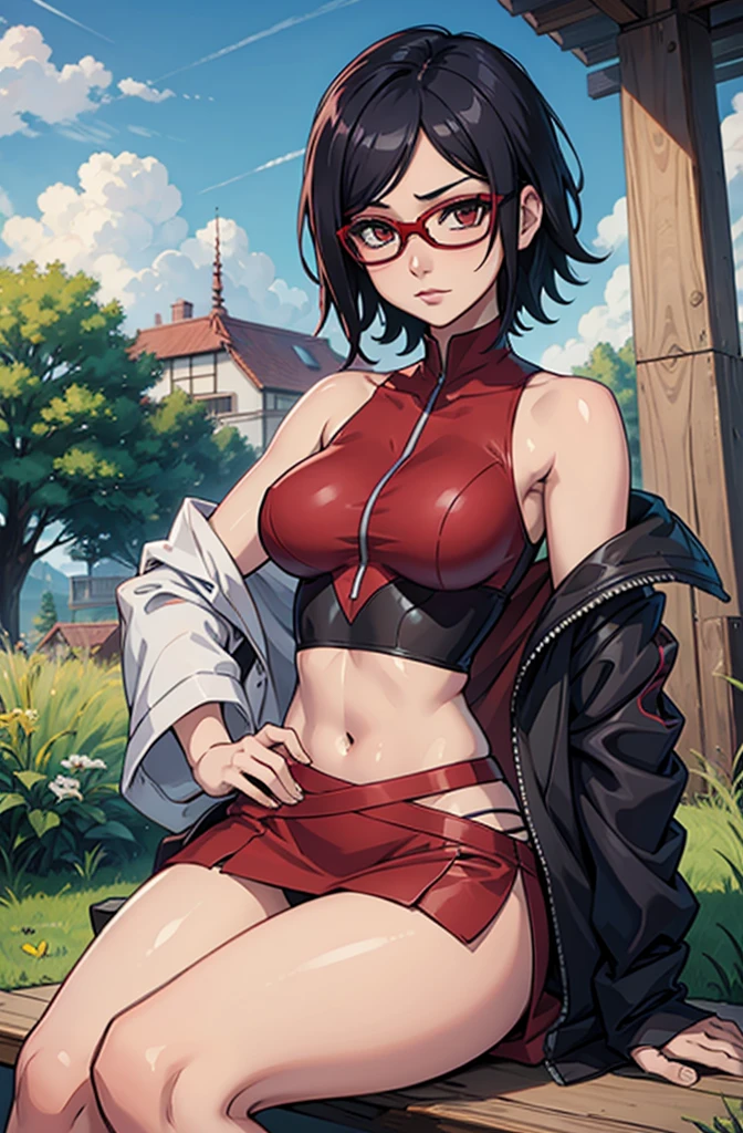 (Sarada Uchiha,short hair,black hair,glasses),full body picture Unreal Engine 5 8K UHD of beautiful girl, green Japanese style long hair, wearing futuristic black tight battle suit, half face mask, futuristic neck collar, grass green light details, best quality, masterpiece,Big Breasts