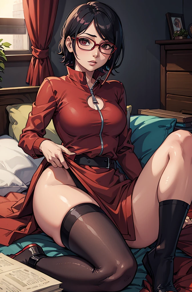(((solo,1woman, mature, alone))), uchiha_sarada, ((short hair, black hair, glowing redeyes, wide eyes, red framed glasses, lipstick, makeup, narrow waist, skinny, medium breasts)), pelvic curtain, ((naked, nude)), full body, perfect body, (insanely detailed, beautiful detailed face, masterpiece, best quality), (extremely detailed 8k paper CG wall unit: 1.1), (bedroom, dusk), (smile face for the viewer), bent over, vaginal, penetration, dick on pussy, behind,
