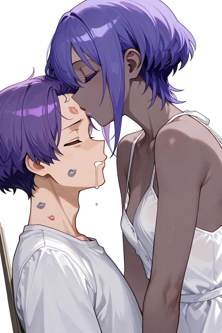 Just before the kiss、deep kiss, French kisove your tongue up and down、Ultra-detailed illustrations、Ultra-precise expression、masterpiece、Highest quality、ultra High resolution、High resolution、Hiromitsu Takeda Style、White background、Simple Background、One girl、solo、Mash Kyrielight、light purple hair,short hair,hair over one eyes、Completely naked、Purple eyes、(ahegao)、Fat kid、White Breath、Sweat、、How、Glowing Skin、shiny skin、View your viewers、