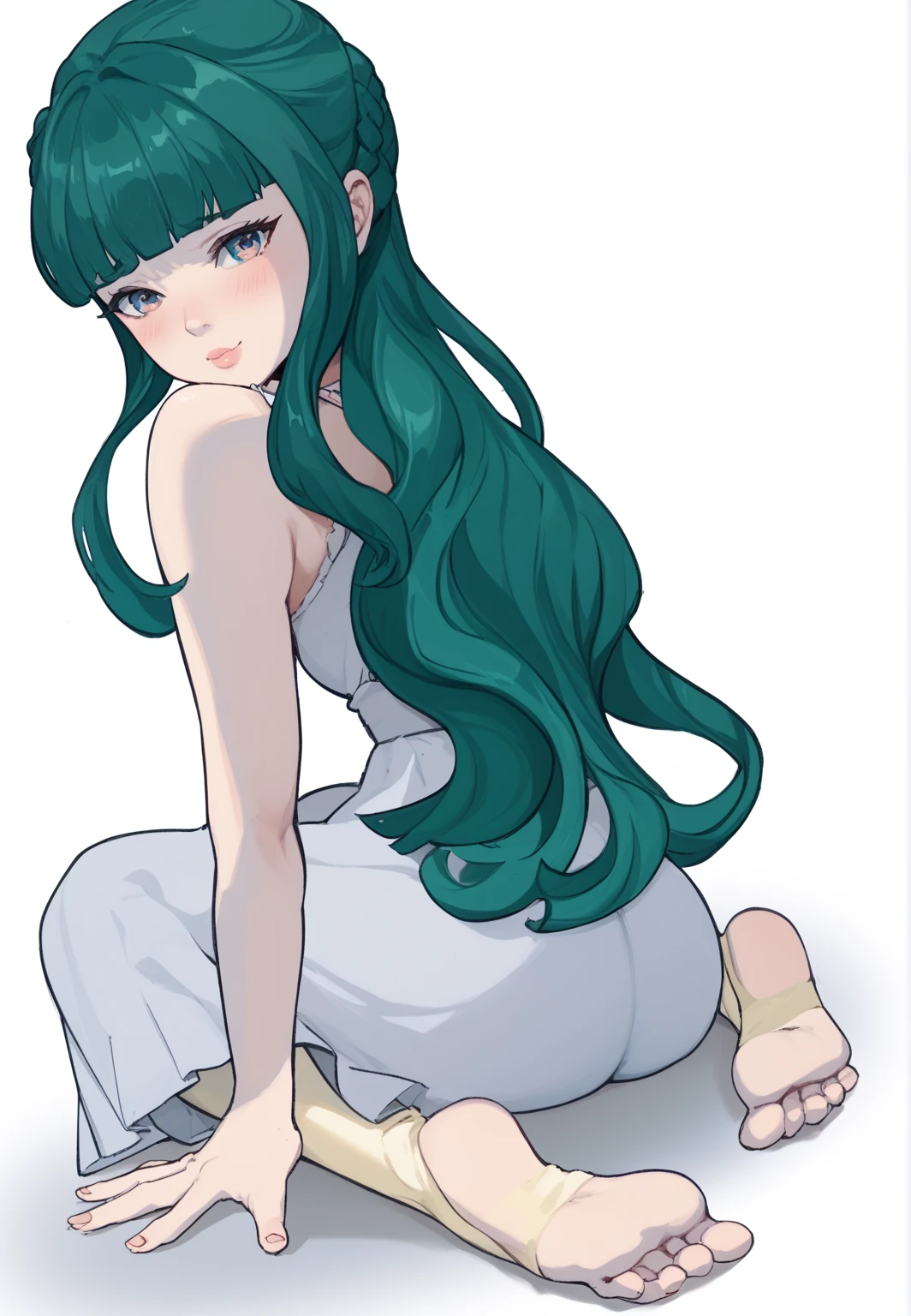Expressive, score_9, score_8_up, score_9_up, Touhou, masterpiece, high quality, highly detailed, 1girl, kochiya sanae, solo, green hair, long hair, green eyes, long hair, big breasts, blush, round breasts,,,,,, frog hair ornament, hair tubes, snake hair ornament,,,, thin waist, sit on stool, white background,, virgin killer sweater,