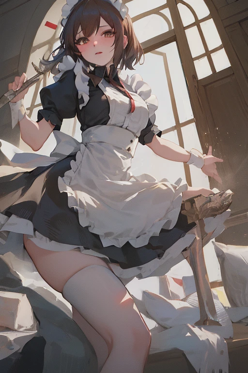 (((masterpiece)))、(((Top image quality)))、(((top-quality)))、(((Illustration of one girl)))、(((Muscle Girl)))、(Long black hair)、((Long body))、(((perspiring)))、((Steam wafting all over the body))、(((Muscular and strong body)))、((Split abs))、(((muscular and thick arms)))、(((muscular and thick thighs)))、(((maid clothes)))、Indoors in the morning