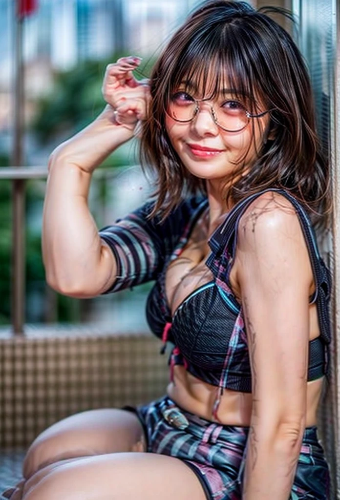 raw photo, 8k, (top-quality), Realistic, (real picture, Intricate details), (natural skin texture, detailed skin, hyper realism, sharpness), (Japanese teenage girl standing in a dirty back alley at night, graffitied wall:1.3, hand on head, armpits exposed), ((white tight tank top, Distressed denim pants, low rise baggy pants)), (((flat chest:1.5))) , (pale skin), ((shorthair, short bangs)), (glasses, seductive face, Parted lips:1.3), thigh, graffiti:1.5, trash can, night time, spot lighting:1.3, Full body shot