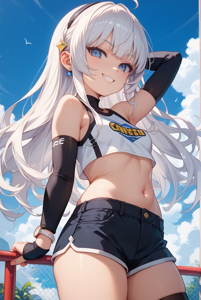 ((masterpiece)), ((best quality)), girl, ((beautiful body)), dark skin tone, ((well detailed eyes)), very long straight hair, ((white hair)), ((effect highlights in the hair)), ((hair in the eyes)), short black sweatshirt, short ripped shorts, white sneakers, medium breasts, neck accessory, eyebrow, ((fox ear)), ((perfect)), (( smile)), ((happy expression)), thin waist, thick legs, big thigh, ((background scenery)), ((beach)), ((blue sky)), ((clouds)), (sun ), ((wind in hair)), ((swinging hair)), ((Brazil)), ((rio de janeiro)), beautiful day, pov, looking at viewer, flushed, lustful,