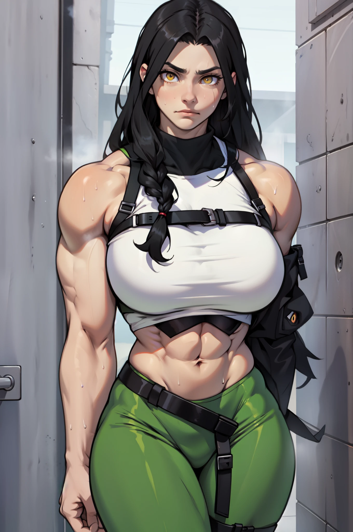 masterpiece, best quality:1.2), expressive eyes, perfect face, highres, 1 girl, solo, (female:1.5), chris redfield, green taut shirt, white pants, fingerless gloves, belt, standing, portrait, looking at the viewer,