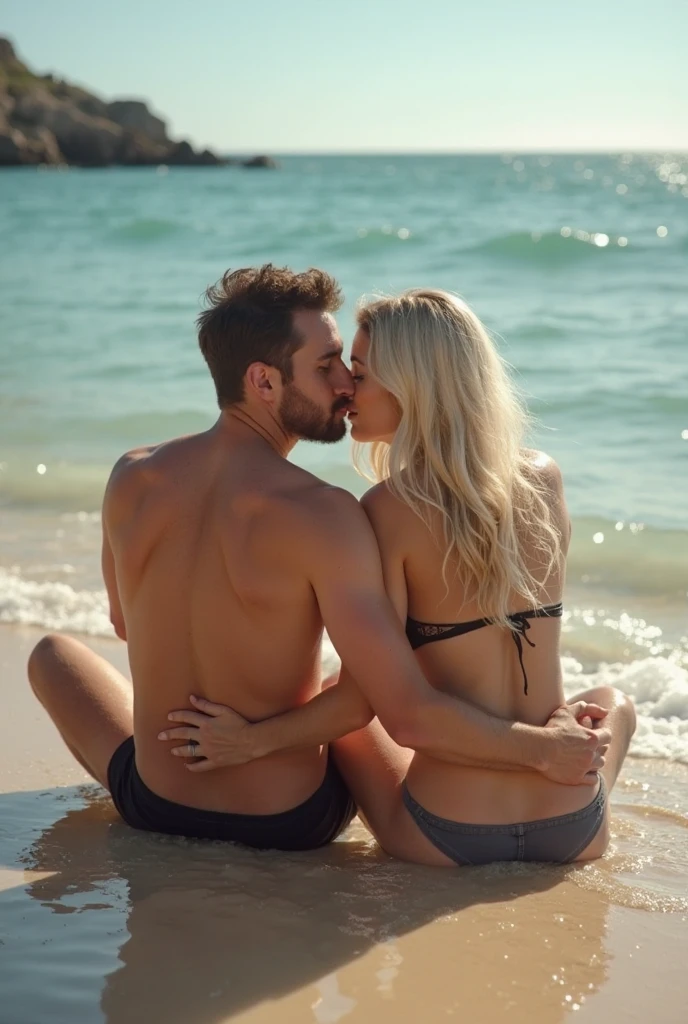 man having sex with blonde woman on the beach, porn