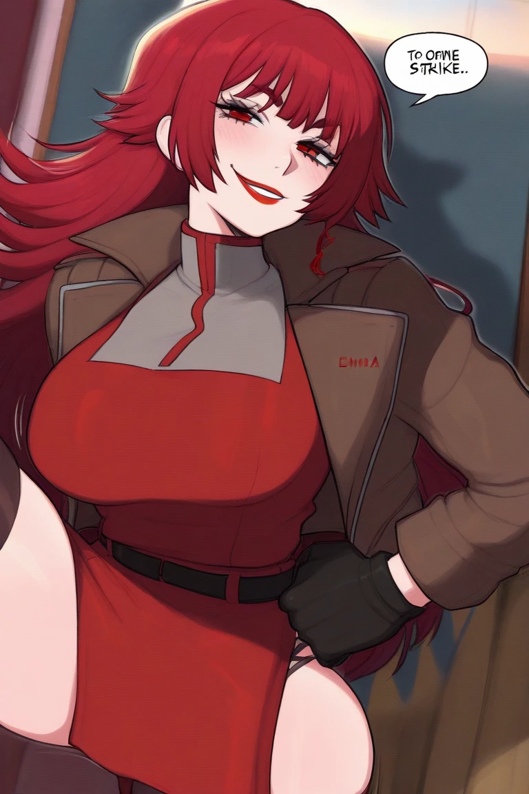 room, indoors, looking down,score_9, score_8_up, score_7_up, source_anime BREAK 1girl, solo, nikkeredhood, red hair, long hair, headgear, red eyes, blank stare, parted lips, half-closed eyes, red scarf, crop jacket, red jacket, midriff, zipper, cleavage, large breasts, fingerless gloves, looking at viewer, disgusting face, blush, open mouth, big mouth, tongue, tongue out, close up, saliva, uvula, uvula, room, mouth focus, excessive saliva, giantess, selfie