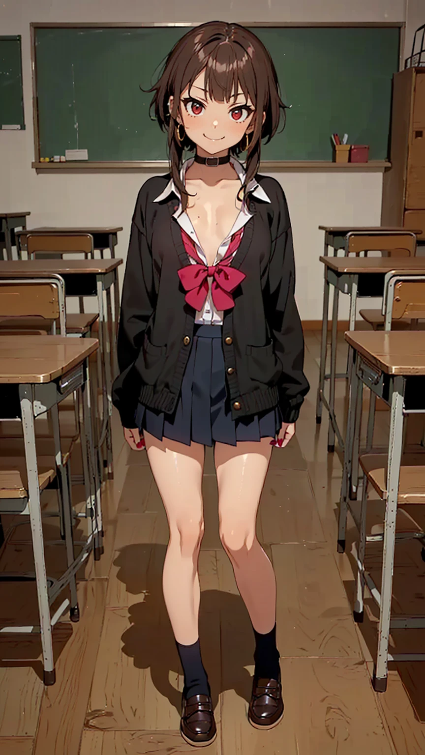 ((1girl, solo ,alone, megumin, short hair, red eyes, brown hair, ((short woman, small bust, tiny breasts, tiny bust, small breasts)), painted nails, gold bracelets, ruby earrings)), ((solo, 1woman, pink lipstick, Extremely detailed, ambient soft lighting, 4k, perfect eyes, a perfect face, perfect lighting, a 1girl)), austere, ((fitness, , shapely body, athletic body, toned body)), (((Cute High School Girl, full body, gyaru, gal schoolgirl, flat chest, class room, school uniform, smug)))